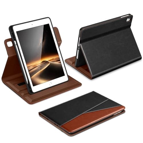 DTTO for iPad 6th / 5th Generation 9.7 Inch (2018/2017), iPad Air 2 / Air 1 Case, 360 Degree Rotating Premium Leather Folio Stand Cover with Pencil Holder, New Black Brown