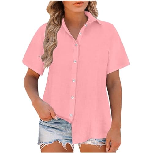 Womens Casual Button-Down Top - Short Sleeve Loose Fit Solid Shirt, Versatile and Comfortable Layer for Everyday Wear