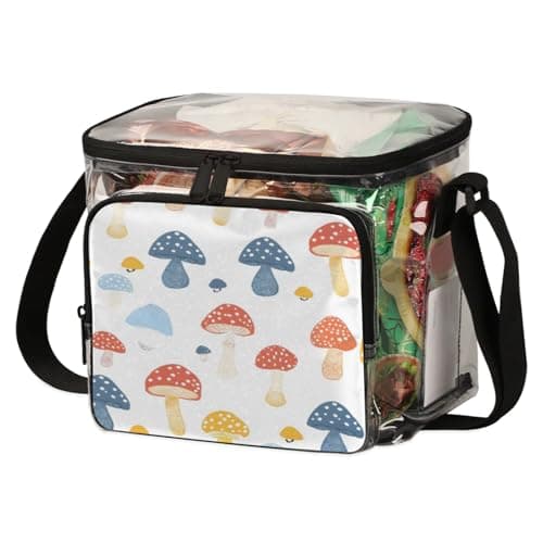 Hsnar Cute Lovely Mushroom Clear Lunch Bags for Work Heavy Duty Clear Tote Bag Stadium Approved with Adjustable Shoulder Strap Front Zipper Pocket