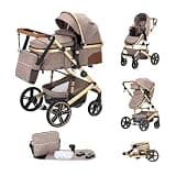 Kakbgee 2 in 1 Baby Stroller, Convertible Pram to Pushchair, Height-Adjustable Handle, Foldable & Reversible Stroller, PU-Wheel, High Landscape Pram for Newborn to Toddler 0-36 Months, 18KG, Khaki