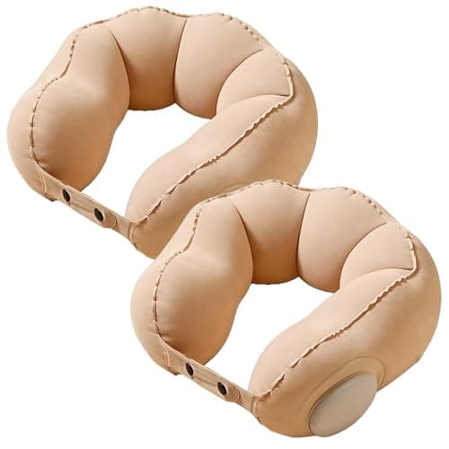 Inflatable Travel Neck Pillow with Built-in Pump, Ergonomic U-Shaped Airplane Pillow, Wavy Curve Chin & Neck Support Cushion for Flight, Car & Train Travel (2Pcs)