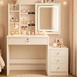 RixZrv White Vanity Desk with Mirror and Lights, 35.4in, 3 Storage Drawers