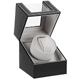 Automatic Single Watch Winder with Quiet Japanese Motor,AC Adapter or Battery Powered,Premium Leather Exterior and Soft Flexible Watch Pillows for Men's and Women's Watches (Black leather-WW125B)