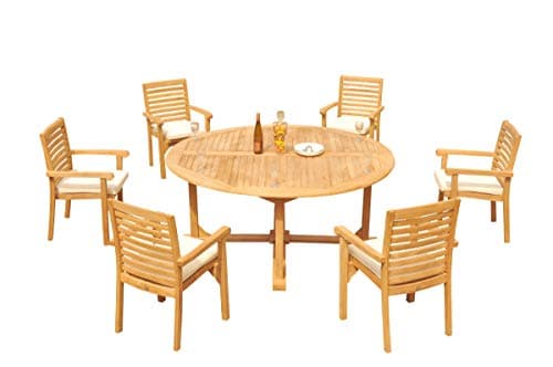 WholesaleTeakFurniture Grade-A Teak Wood 6 Seater 7 Pc Dining Set: 72" Round Table and 6 Hari Stacking Arm Chairs #21HR1707