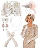 Zinniday 6 Pcs 1920s Accessories for Women, Vintage Champagne 20s Flapper Accessories with Feather Headband Pearl Necklaces Bracelet Earrings Gloves and Shawl Wraps, Roaring 20s Theme Set for Party