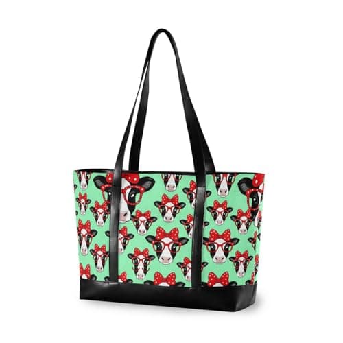 decor gift Portable travel bag with zipper Rustic Farm Mint Green Cow Red for women work with tablet