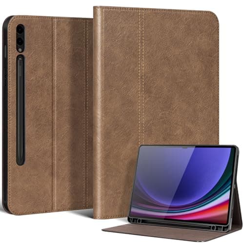 NANRUIL for Samsung Galaxy Tab S9 Plus/S10 Plus/S9 FE+ 12.4inch Case with S Pen Holder 2023/2024 Model(SM-X820/X826/X810/X816/X610/X616) Genuine Leather Cover Protective Shell,Auto Wake/Sleep.Khaki