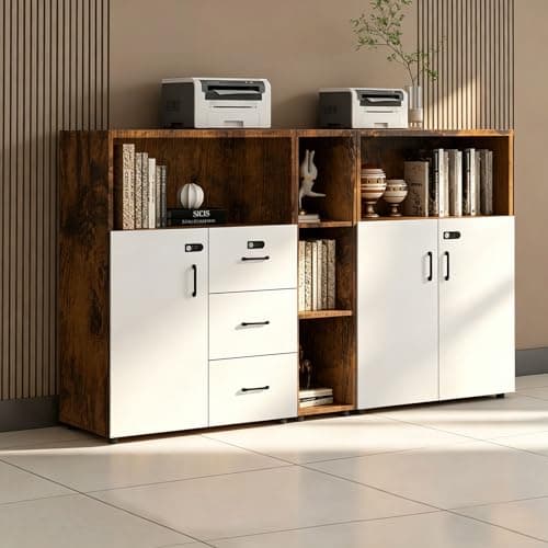 HSHBDDM File Cabinet with Password Lock, Wood Lateral Filing Cabinet for Letter/A4 Files, 3 Drawer with Door, Printer Stand with Open Shelves for Home Office