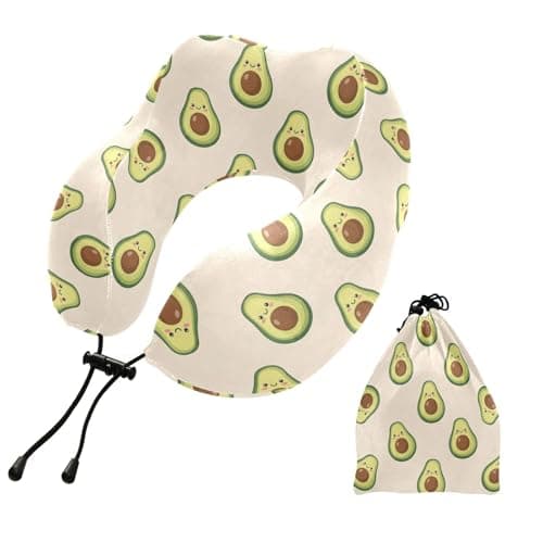 SPRIPORT Cute Avocado Pattern Travel Neck Pillow for Sleeping Airplane Memory Foam Neck Support Pillow with Storage Bag Sleeper Hold Pillow for Office Home Car Train Bus Long Flight Adults Kids
