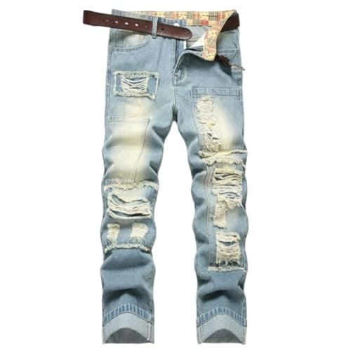 Men's Light Blue Slim Fit Jeans Ripped Loose Jeans Elastic Hole Versatile High Street Denim Pants Light Blue 30