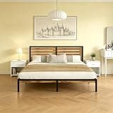 Queen Size Bed Frame with Wood Headboard, Industrial Metal Platform Bed with Metal Slat Support, Mattress Foundation with Under Bed Storage, No Box Spring Needed, Easy Assembly (Brown&Black, Queen)