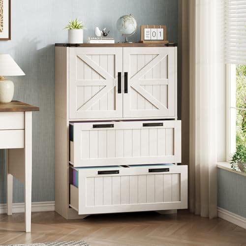 Halitaa 2 Drawer Filing Cabinet, Farmhouse File Cabinet for Home Office with Storage Space, Wood Tall Office Filing Cabinet fits Legal/Letter/A4 Size, Lateral File Cabinets with 2 Doors, Rustic White