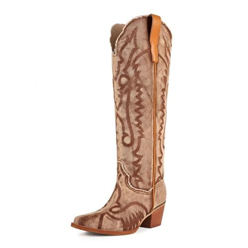 Aorikro Women's The Western Cowboy Cowgirl Boots Mid Calf Low Heel Pointed Toe Boots for Women Casual Boots-Brown Denim