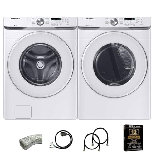 Samsung White Front Load Smart Laundry Pair 4.5 Cu Ft Washer 7.5 Cu Ft Electric Dryer with Dryer Vent Power Cord Water Hoses and 1 Year CPS Warranty Large Capacity Home Laundry Set