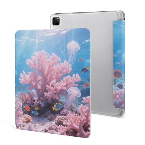 Case for iPad Pro 12.9In 2021 Pink Coral Jellyfish Trifold Stand Protective Cover with Pencil Holder Slim Back Auto Wake Sleep