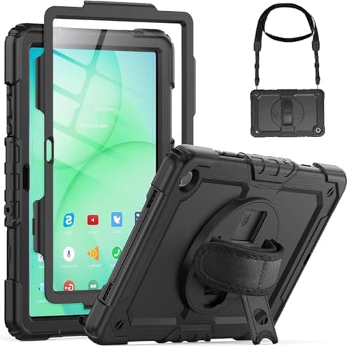 Case For Galaxy Tab A11 / A9 8.7 inch 2025/2023 With Screen Protector/Shoulder Strap/Hand Strap, FullBody Rugged Protective Shockproof Cover Compatible For Samsung Tablet A11/A9 SM-X110/X115/133 Black