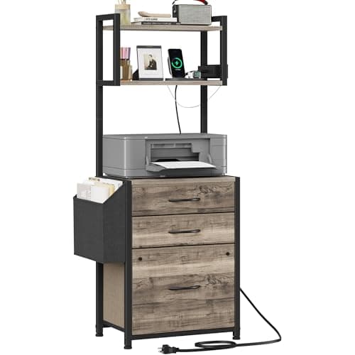 HIGDBFE 3 Drawer File Cabinet with Charging Station, 45''H, 3-Tier Small Filing Cabinet for Home Office, 11''*16'' for Small Printer, Fabric Drawer Fits Letter/A4, Tall Printer Stand, Grey