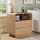 HOMMPA 24'' Tall Curved Nightstand with Charging Station, 23'' Wide Wood Bedside Table w/ 2 Storage Drawers & Open Shelf, Modern Night Stand End Table for Bedroom, Curved Profile Design