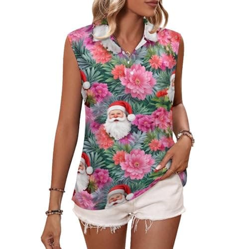 ZEYARUIBO Pink Santa Floral Christmas Women's Sleeveless Golf Polo Shirts Collared V Neck Tennis Tank Tops Running Shirt XL