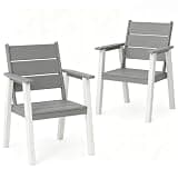 Polyhouz Outdoor Dining Chairs Set of 2,HDPE Patio Chairs with Wide Seat,Ergonomic Design Outdoor Furniture for Porch,Backyard,Deck,White and Grey