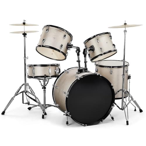 5-Piece Full Size Acoustic Drum Set, Silver, 22" Bass Drum, 9-Ply Poplar Shells, with Stool, Pedal and Sticks