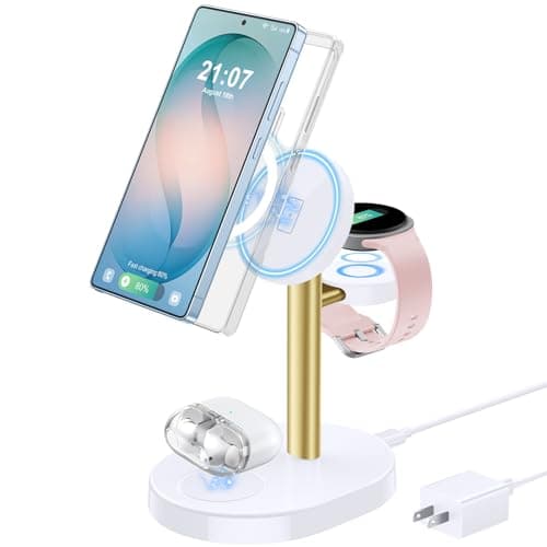 Hevanto 2026 3 in 1 Wireless Charger for Samsung Galaxy, 15W Magnetic Super Fast Charging Station for Samsung Galaxy S26 S25 S24 Ultra S23 Z Fold Flip Watch 8 7 Buds 4 3 2 Series, GoldBWhite