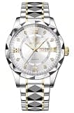 Gosasa Luxury Men's and Women's Business Diamond Stainless Steel Waterproof Roman Numeral Analog Quartz Watch with Day-Date Calendar, Gold and Silver Tone (M-Gold White, Men)