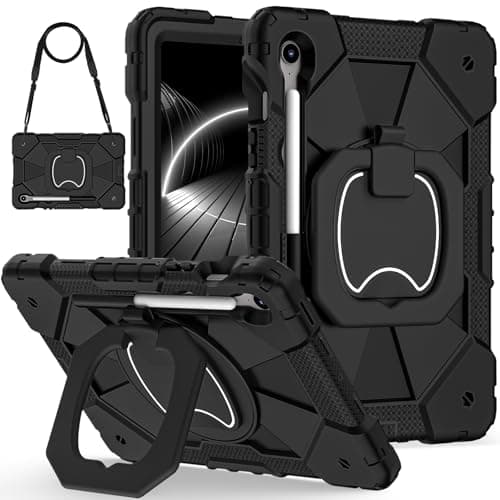 CXDFCDBS for Samsung Galaxy Tab S10 FE 10.9 inch (Model SM-X520/X526B/X528U) Case Built-in Pencil Holder Rugged Shockproof Cover,Protective Cas Swivel Kickstand+Hand Strap+Shoulder Strap(Black)
