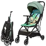 Cool Kids Superb Lightweight Travel Stroller for Toddlers 6 Months to 50 lbs, Compact One-Hand Fold Baby Stroller with T-Shaped Bumper, Airplane Approved, Shock Absorbing, Green Turtle Print