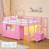 Dnxao Low Loft Bed Twin Size with 9 Storage Drawers and Charging Station, Heavy Duty Metal Kids House Bed with LED Lights, Space Saving Floor Bed Frame for Small Bedroom, Pink