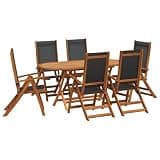 Makastle 7 Piece Patio Dining Set, Brown, Solid Acacia Wood with Textilene, Oval Extendable Table and 6 Folding Chairs with 5 Reclining Positions