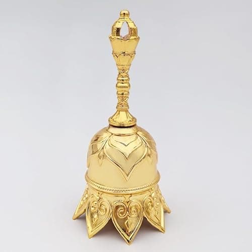 Tibetan Buddhist Meditation Bell, Gold, Metal, Ornate Lotus Design, Spiritual Ritual Decor