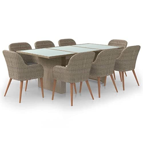 hliofuir 9 Piece Garden Dining Set, Large Rectangular Glass Top Table with 8 Rattan Chairs and Cushions, Brown PE Wicker Outdoor Furniture Set with Acacia Wood Accents for Patio