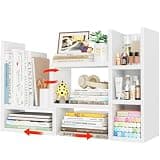 NUTIKAS Desk Shelves Desktop Organizer Shlef - White Office Organization for Top of Desk Organizers and Accessories Corner Bookshelf Table Top Shelving Small Hutch Decorations for Women Office
