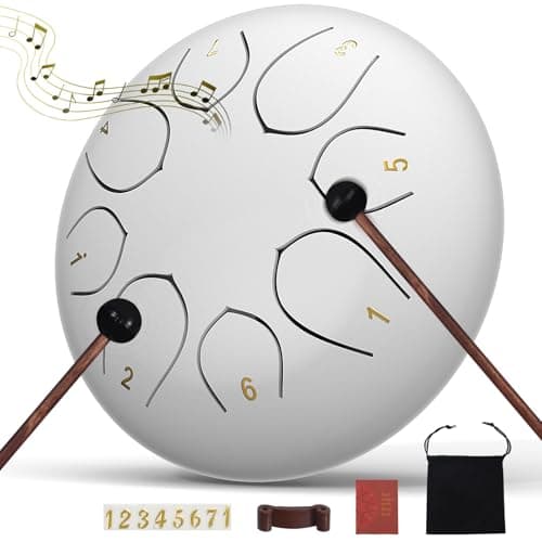 Rain Drum for Outside Garden, 6 Inches 8 Notes Steel Tongue Drums, Waterproof Meditation Echo Rain Chime, Musical Instruments for Adult Gift with Bag, Music Book, Mallets (White)