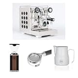 Rocket Espresso Appartamento 2.0 Espresso Machine (Black) Bundle with Giannino Grinder (Black/Wood), 58mm Bottomless Portafilter & 12oz Frothing Pitcher (Matte White)