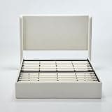ZAVEROX Carmen Upholstered Wingback Bed Frame Queen Size 54in High Headboard Minimalist Modern No Box Spring Needed Textured Ivory Canvas Metal Frame with Eucalyptus Wood Tone for Bedroom