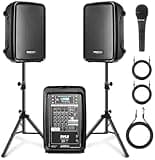 Pyle PA Speaker DJ Mixer Bundle - 300 W Portable Wireless Bluetooth Sound System w/ USB SD XLR 1/4" RCA Inputs - Dual Speaker, Mixer, Microphone, Stand, Cable - Home/Outdoor Party - PPHP28AMX,Black