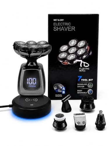 7D Electric Head Shaver for Men, Wet & Dry Rotary Razor with Wireless Charging Dock, 7-Tool Grooming Kit