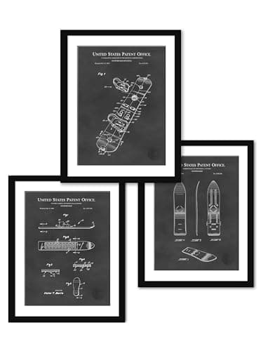 Vintage Snowboarding Art | Set of 3 Prints | Classic Snowboard & Binding Patents | Gift for Snowboarder | Chalet or Cabin Wall Art | Chalkboard Background | Available as Prints or Framed (8x10" Unframed)