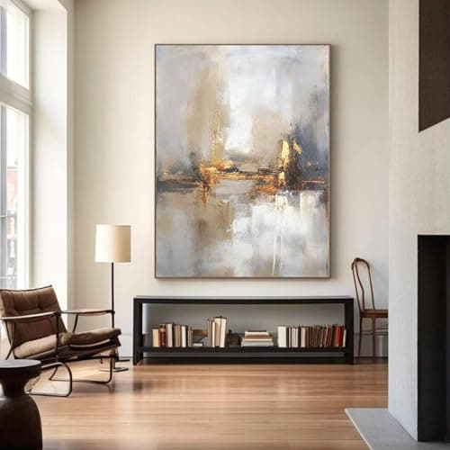 AOXUBI Large Beige Gray Gold Texture Abstract Painting Minimalist Wall Art Large Painting On Canvas Modern Home Wall Decor 90x130cm/35x51in With-Black-Frame
