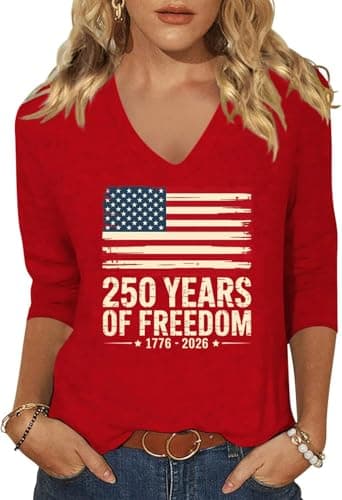 Scgirl Womens 3/4 V Neck Sleeve American Flag Shirts 4th of July Summer Shirts Graphic Tops (S,564a1 Red)