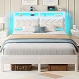 Seventable Bed Frame Full Size with Charging Station, LED Bed with Upholstered Storage Headboard, Metal Platform Bed with Under Bed Storage, No Box Spring Needed, Noise Free, Easy Assembly, White
