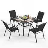 Outdoor Patio Dining Set for 4, 5 Pieces Patio Table and Chairs Set with Umbrella Hole, 37.8"x 37.8" Square Metal Wood-Grain Dining Table Set with 4 Stackable Patio Chairs for Deck , Backyard, Porch
