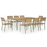 GHVBNMF 9-Piece Outdoor Dining Set with Rectangular Acacia Wood Table and 8 Stacking Chairs, Modern Industrial Patio Furniture for Garden and Terrace, Natural Brown and Grey
