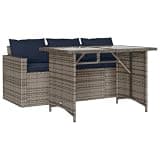 Makastle 2-Piece Patio Dining Set with Navy Blue Cushions, Gray PE Rattan, 3-Seater Sofa 69.7" x 27.6" x 26.8" and Tempered Glass Table, Assembly Required, Rectangular