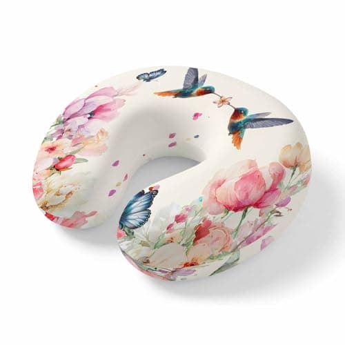 Travel Pillows U-Shaped Neck Pillow Watercolor Pink Flower Humpbirds Butterflies Ergonomic Memory Foam Pillow Head Cushion,Floral Leaves Soft Portable Neck Pillows for Office Airplane Car Train