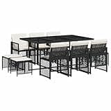 WRJENFSC 11 Piece Garden Dining Set, Black PE Rattan Patio Furniture with 10 Seats and Tempered Glass Table, Modern Outdoor Wicker Table and Chairs with Removable Cushions for Backyard
