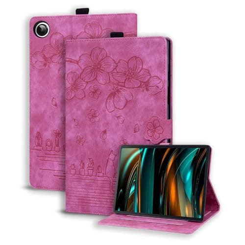 IVY PU Leather Wallet Case for Samsung Galaxy Tab A9 8.7 inch (2021) SM-X110 / X115 / X117 Tablet - [Cherry Blossom Cat][Kickstand Flip][Angle Adjustment] - Rose Red