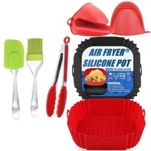 Axenta p2 Square Air Fryer Package - 6 Pack Air Fryer Liners & Accessories - 8.5 inch (5-9 Qt) Food Grade BPA-Free Reusable Silicone Baskets/Pots/Liners with Oven Mitts, Basting Brush and 9 Inch Tongs